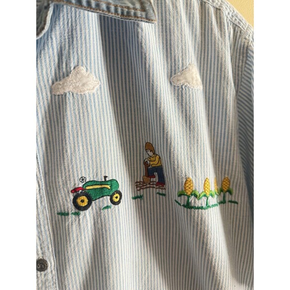 Vintage Chambray Embroidered Appliqué Button Down Shirt Farm Animals Striped XL - Picture 5 of 5